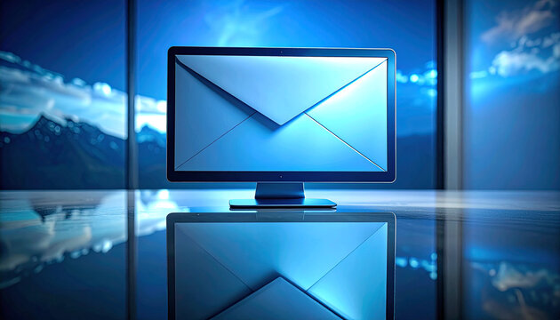 Digital Mail Concept: A modern monitor displays a digital mail envelope, its reflection mirrored on a surface, set against a backdrop of mountains and a blue environment.