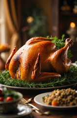 Perfectly golden brown roast turkey with a savory herb stuffing.