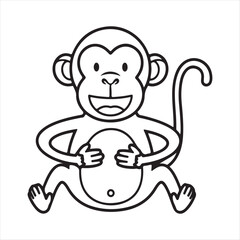 Cartoon Monkey Sitting with Smile. Black and White Animal Illustration