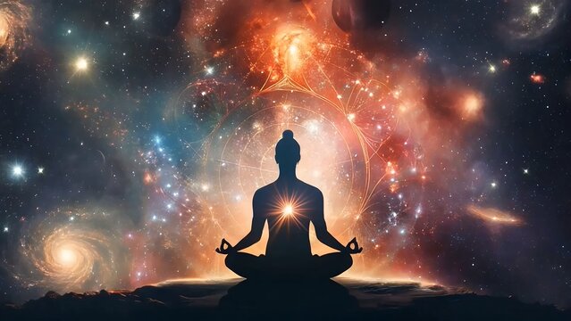 A man meditating in the lotus position with the universe behind him. Concept of enlightenment and cosmic consciousness