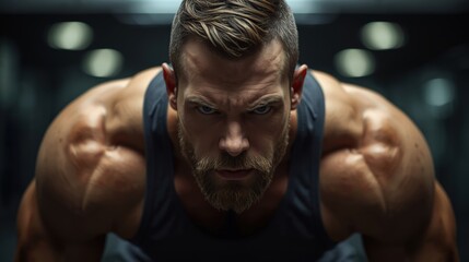Muscular bearded man in tank top at gym. Ideal for fitness, gym, workout, healthcare related content, ads, and social media.