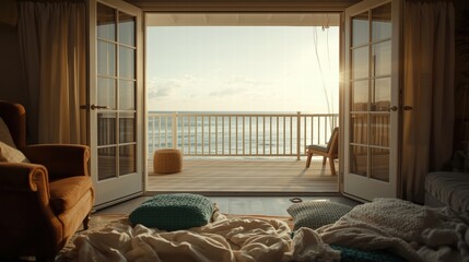 Cozy room with a deck overlooking the beach ocean view. Ideal for vacation rental websites, travel agencies, or interior design blogs.