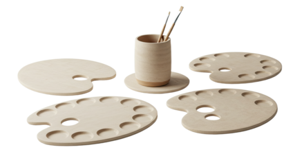 Set of wooden artist palettes and paintbrush holder with brushes, natural painting tools for creative art projects and painting sessions