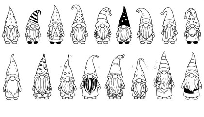 Collection of whimsical garden gnome illustrations, detailed with various patterned hats and long beards, suitable for coloring