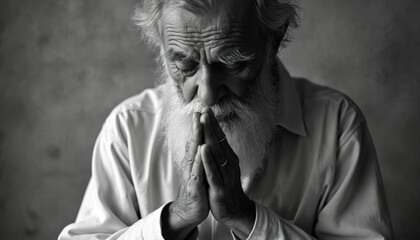 Elderly man with long white beard prays. Hands clasped, head bowed in deep thought. Wears simple shirt. Close-up black, white photo shows faith, wisdom. Old person meditates, showing spiritual