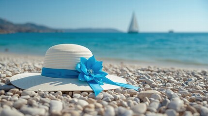 Hat on pebble beach with ocean view  sailboat. Ideal for travel, vacation, relaxation, sea adventure, and beach lifestyle themes.