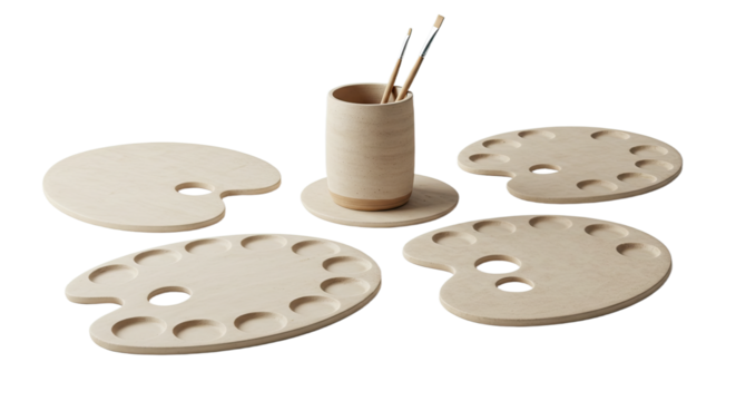 Set of wooden artist palettes and paintbrush holder with brushes, natural painting tools for creative art projects and painting sessions
