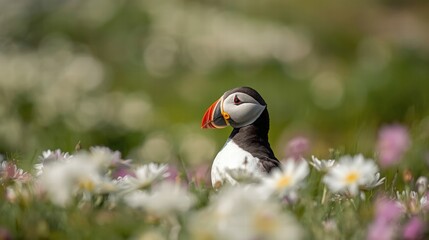 Atlantic puffin in natural habitat among flowers suitable for environmental, wildlife, and naturethemed projects, publications, and marketing materials.