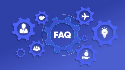 FAQ system gears with business icons on blue background frequently asked questions technology