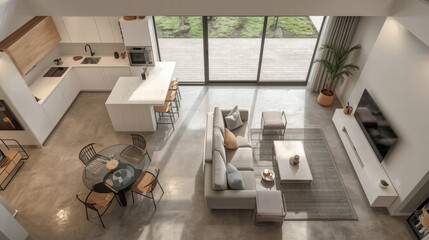 Spacious openplan living area with kitchen and seating. Perfect for lifestyle, home renovation, interior design, and real estate concepts.