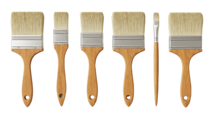 Six different paint brushes with wooden handles and natural bristles, assorted sizes and styles for painting projects, perfect for DIY and home improvement