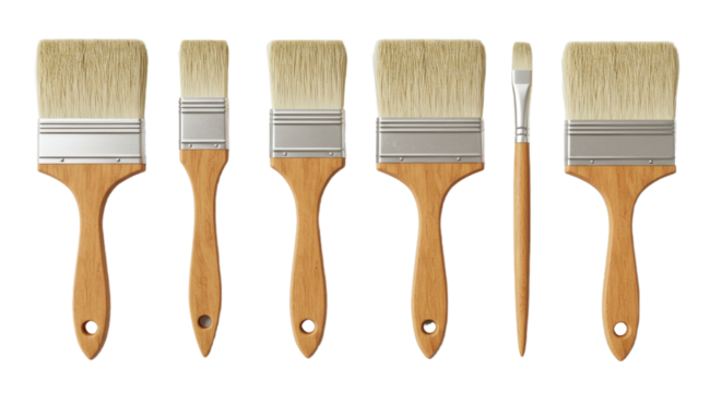 Six different paint brushes with wooden handles and natural bristles, assorted sizes and styles for painting projects, perfect for DIY and home improvement