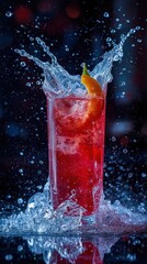 Cocktail with chili pepper garnish and water splashes. Suitable for food and beverage industry marketing material and social media.