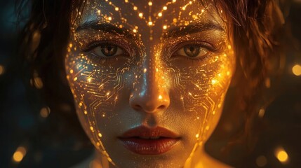 Womans face with digital light circuitry, futuristic and technology concept for techrelated designs, innovation articles, and science fiction themes.