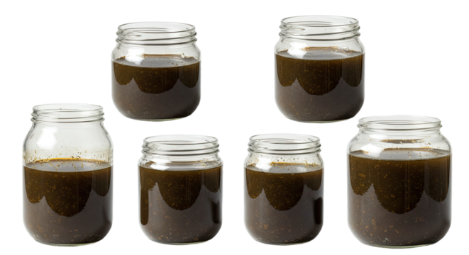 Six glass jars filled with dark thick sauce or condiment isolated on white background perfect for food packaging or cooking presentations