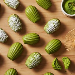 : A scattering of delicate, shell-shaped matcha madeleines with the characteristic 'hump,' some dusted with icing sugar.