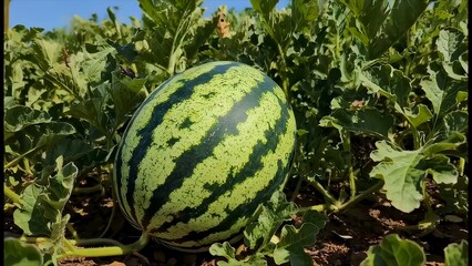 Fresh watermelons growing in a field surrounded by leaves under a blue sky