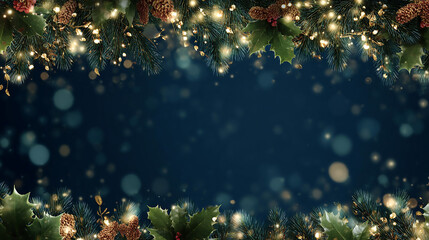 Christmas decoration border with fir branches and golden glitter confetti and sparkles of lights blur bokeh on green background. Bright Christmas and New Year design holiday frame. Vector illustration