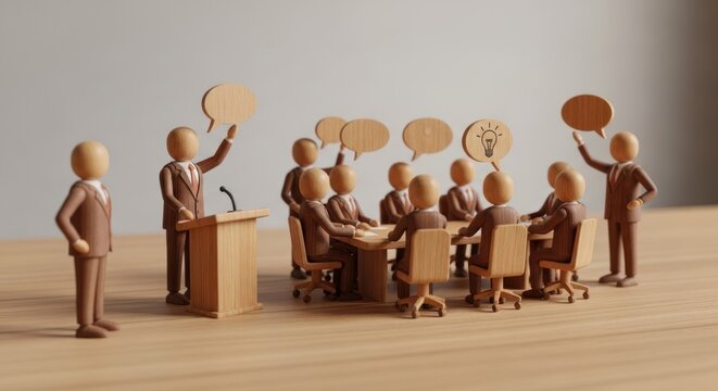 Wooden figures in a business meeting conveying ideas, collaboration and effective communication in
