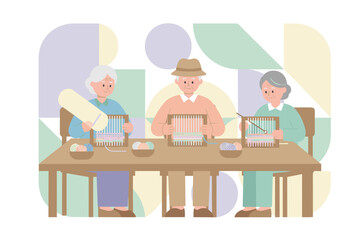 Three seniors enjoy weaving colorful fabrics together promoting relaxation and hobby crafts