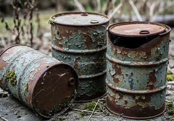 Decayed metallic containers showing rustic textures and moss integration