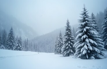 Fototapeta premium Winter landscape with snow covered fir trees. Cold weather scene in forest during blizzard. Snowfall over snowy mountain forest. Wintertime nature background.