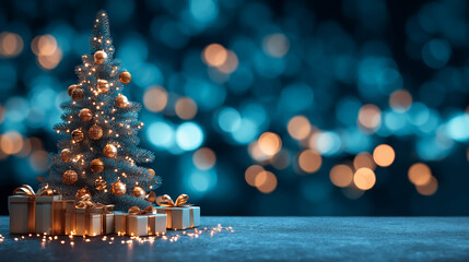 Christmas decoration border with fir branches and golden glitter confetti and sparkles of lights blur bokeh on green background. Bright Christmas and New Year design holiday frame. Vector illustration