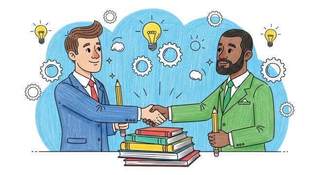 International knowledge sharing, educational collaboration and joint venture success concept hand