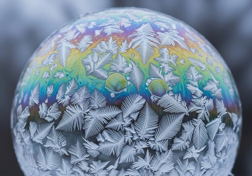 Intricate crystal patterns forming on a rainbow hued frozen bubble