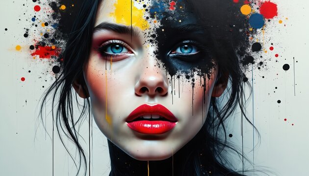 Conceptual art portrait features woman with colorful paint splatters. Vivid colors add contrast to artistic face makeup. Creative vision blends beauty, modern art concept. Perfect visual for design.