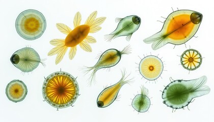 Microscopic organisms swim in water. Diverse protozoa exhibit intricate structures. These single celled life forms are viewed under a microscope. Science, biology, and research.