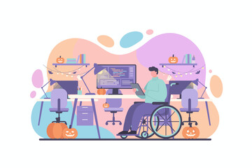 Person in wheelchair working remotely in a Halloweendecorated office Programming inclusivity lifestyle
