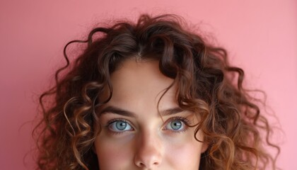 Naklejka premium Woman with natural curly brown hair and blue eyes. Close up portrait on pink background. Soft lighting highlights detailed hair texture. Beauty and fashion concept.