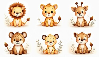 Adorable watercolor illustrations of baby animals. Cute lion cheetah giraffe and other safari animals sit on white background. Perfect for children designs decor
