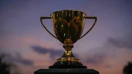 Golden trophy against a beautiful sunset sky in the background