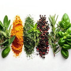 Colorful arrangement of various fresh herbs and spices, displayed on a pristine white surface. Bright, vibrant colors
