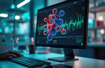Scientist works with molecular model on computer screen in modern lab. Digital visualisation shows protein structure and data graph. Advanced research on molecule.