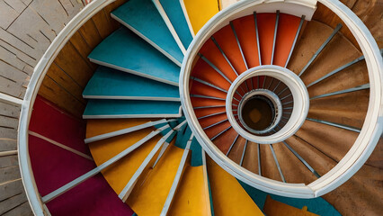Fototapeta premium Top-down view of colorful spiral staircase, geometric symmetry, high contrast shadows, vibrant color palette.
