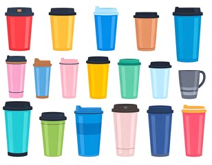 Colorful array of takeaway coffee cups in various sizes and hues. Some cups are open, others sealed, showing lids