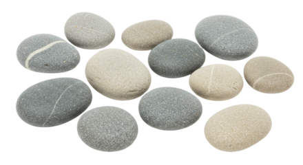 Smooth natural river stones with light stripes isolated on white background, perfect for spa and relaxation themes