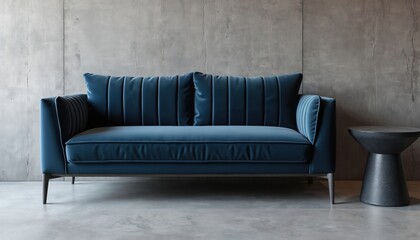 Modern deep blue velvet sofa and dark accent table sit against textured concrete wall. Minimalist interior design showcases comfort and style.