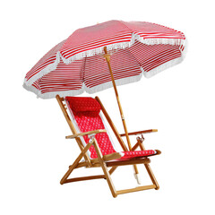 Red striped umbrella shelters a red cushioned wooden beach chair