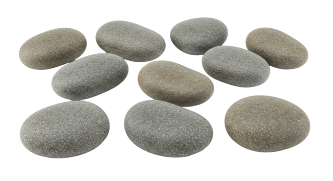 Smooth river stones with natural gray and beige tones on white background, ideal for spa decor and relaxation themes