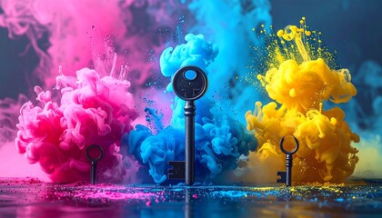 Colorful artistic composition featuring three ornate keys against a vibrant backdrop of exploding multicolored hues, creating abstract art