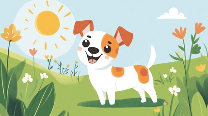White dog with orange spots stands in a field with flowers under the sun for kids