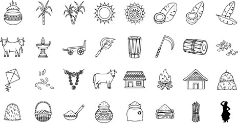 Indian Harvest Festival Celebration Line Art Icons Collection: Pongal, Makar Sankranti Elements, Traditional Symbols, and Cultural Objects