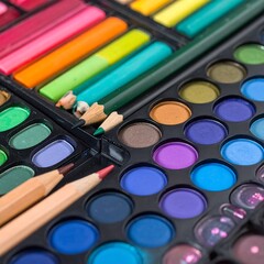 Colorful art supplies arranged. Pencils, pastels, and eye shadow-like palettes form a vibrant image. Bright colors fill the frame