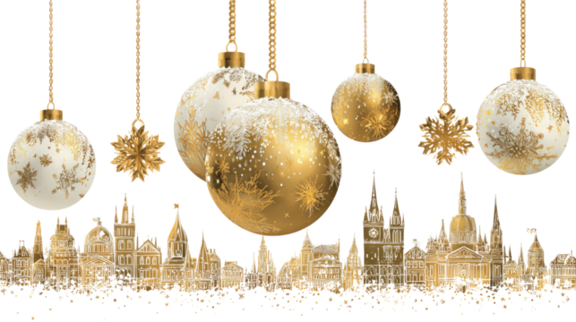 Golden ornaments with cityscape elegant urban holiday decoration festive skyline reflection luxury celebration element isolated on white background