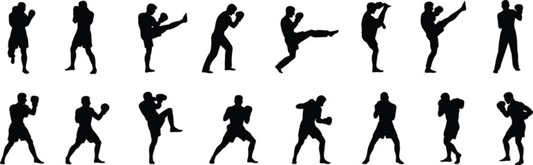 Silhouette men practicing boxing and kickboxing poses, martial arts training action vector illustration showing strength, power, sport, and fitness concept