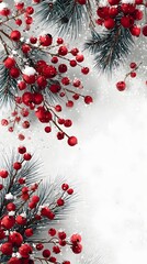 Christmas background with red berries pine branches